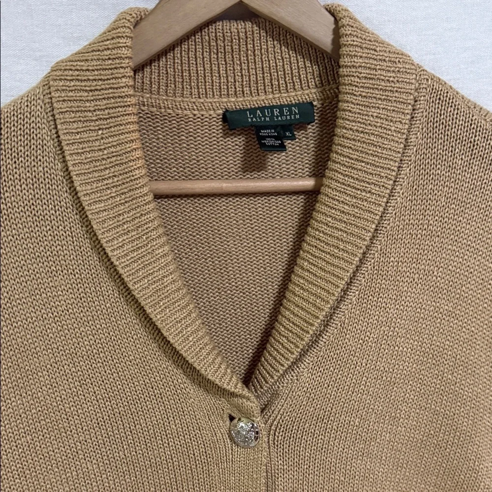 Lauren Ralph Lauren Women's Vintage Tan Cardigan Mercerized Cotton Shawl Collar